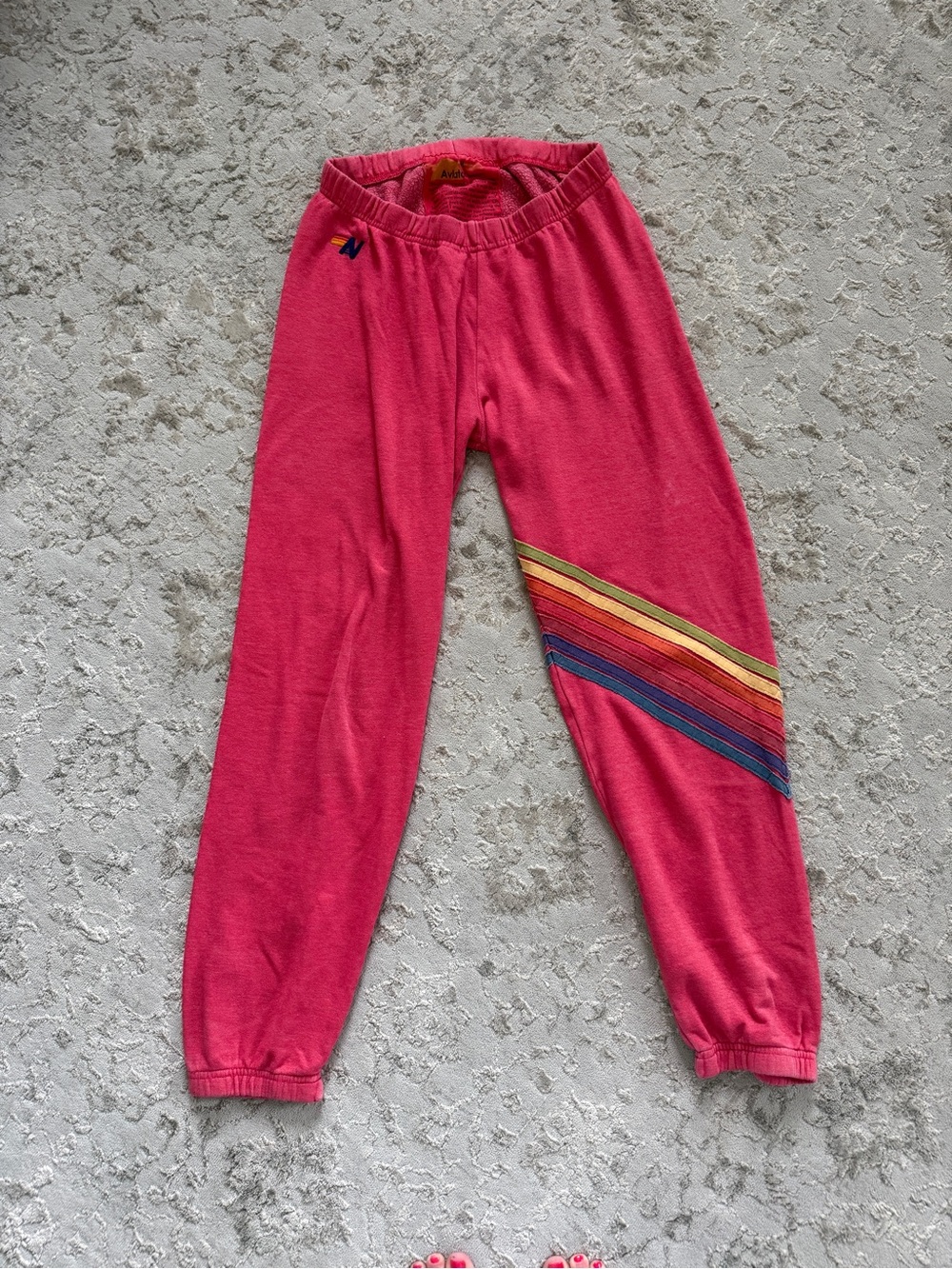 Aviator Nation Hot Pink Joggers with Rainbow Diagonal Stripes